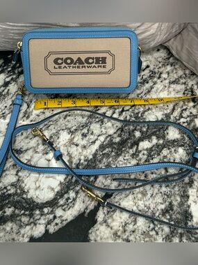 Coach Canvas Crossbody Wallet/Wristlet with Sky Blue Leather Trim